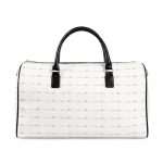 Leather Travel Bag — White Duffle with Subtle Gold Script Pattern