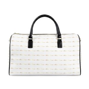 Leather Travel Bag — White Duffle with Subtle Gold Script Pattern