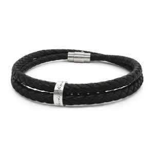 Engraved Black Braided Leather Bracelet with Stainless Steel Bead