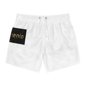 White Swim Trunks with Minimal Black & Gold Logo Pocket